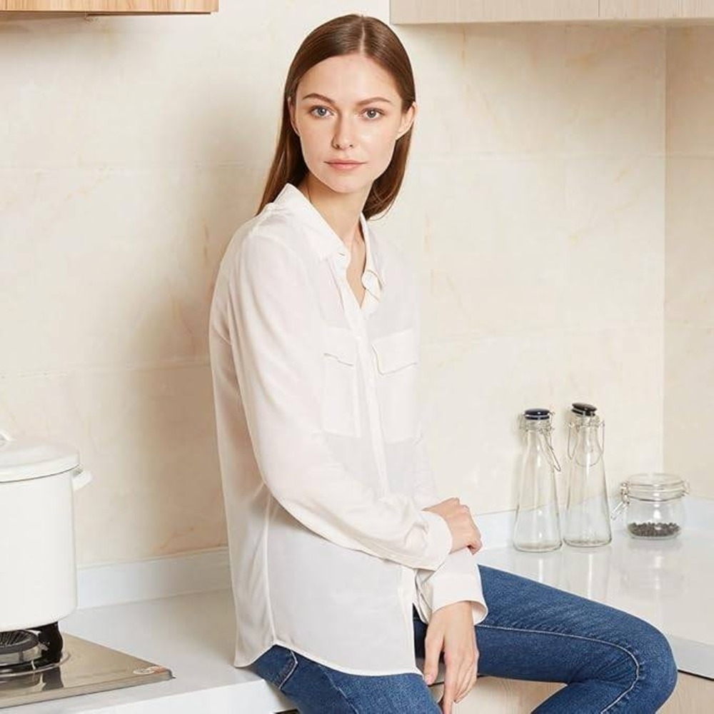 LilySilk Long Sleeve Button Down Silk‎ Shirt Ivory M